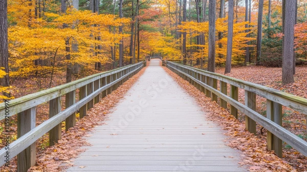 Fototapeta wooden path through vibrant autumn forest