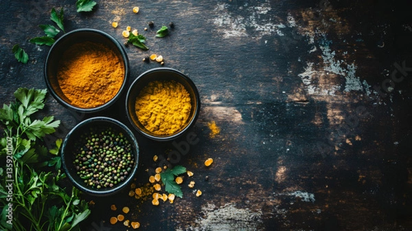 Fototapeta Selection of colorful spices on a wooden table in bowls