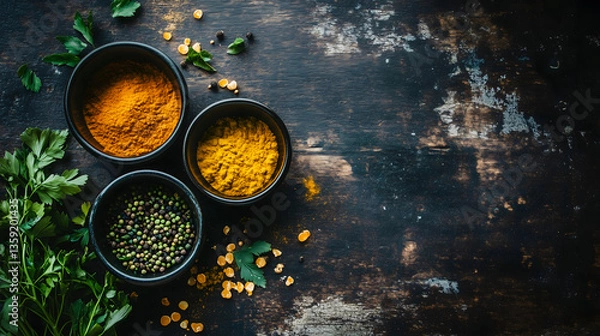 Fototapeta Selection of colorful spices on a wooden table in bowls