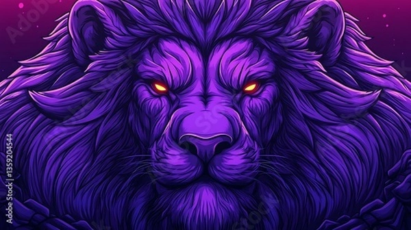 Fototapeta Majestic purple lion portrait, intense gaze.