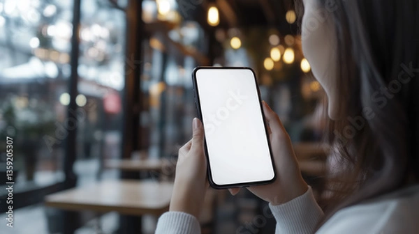 Fototapeta woman is holding smartphone with blank screen in cozy cafe, surrounded by warm lighting and relaxed atmosphere. focus is on device, inviting creativity