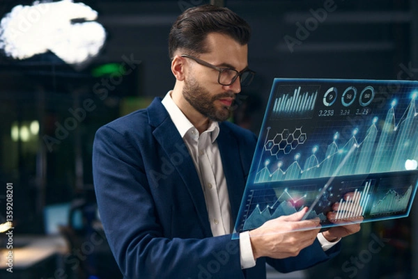 Fototapeta Businessman Analyzing Futuristic Data Dashboard Displaying Graphs And Insights In Office