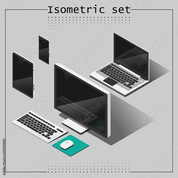 Obraz isometric set.  notebook,computer,mobile,tablet, keyboard and mouse