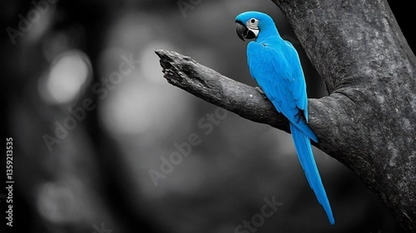 Obraz Vibrant blue macaw perched on a black and white tree branch its feathers glowing with electric hues against the desaturated jungle