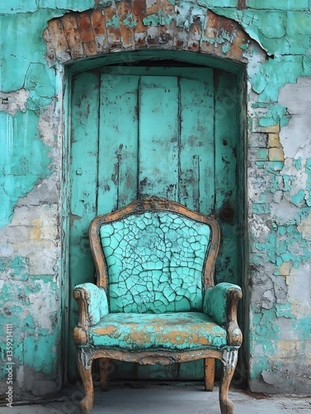 Fototapeta A distressed teal chair sits before a closed weathered doorway
