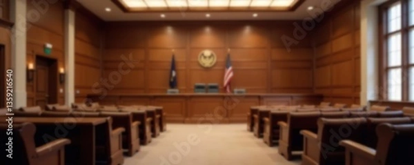 Fototapeta Blurry background of an unoccupied courtroom with elegant decor and seating,  interior,  architecture