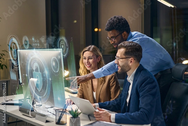 Obraz Team collaborating on cybersecurity solutions, analyzing futuristic hologram interfaces in office setting.