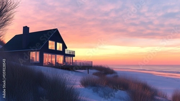 Fototapeta Cozy beach house surrounded by rolling dunes, large windows offering panoramic sea views, soft pastel skies at sunset, warm and inviting ambiance, natural elegance. 