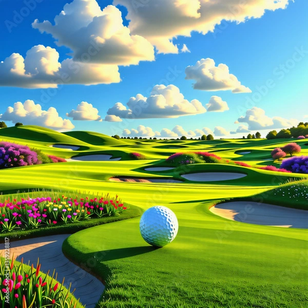 Obraz abstract image - A golf ball on the Golf course with a bright sky and lush green fairway.