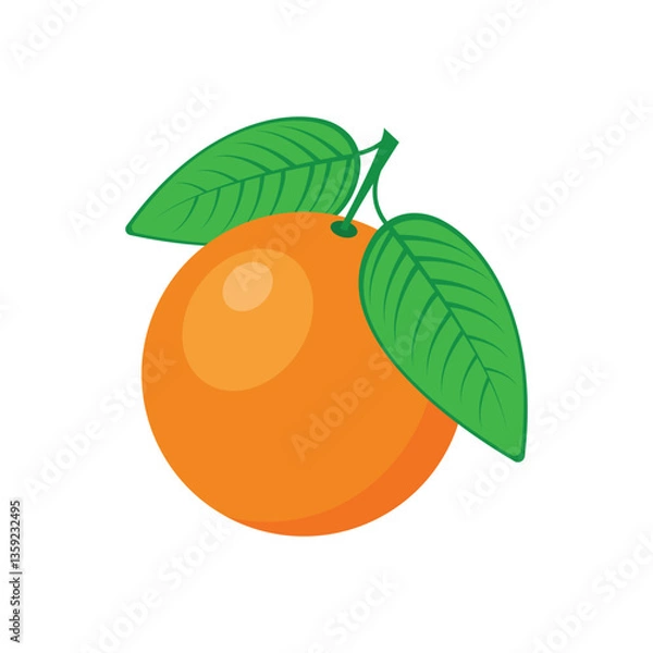 Fototapeta Orange. A ripe orange with a green leaf. An illustration of a juicy tropical fruit. An orange in a cartoon style.The vector illustration is isolated on a white background.