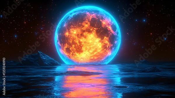 Fototapeta A glowing planet illuminates a dark landscape Celestial reflection glistens on water under a starry night sky