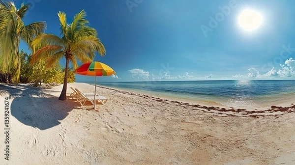 Obraz Fun-filled Florida beach day, colorful umbrella popping against sandy hues, palms swaying in the gentle breeze, sparkling ocean under a cloudless sky 