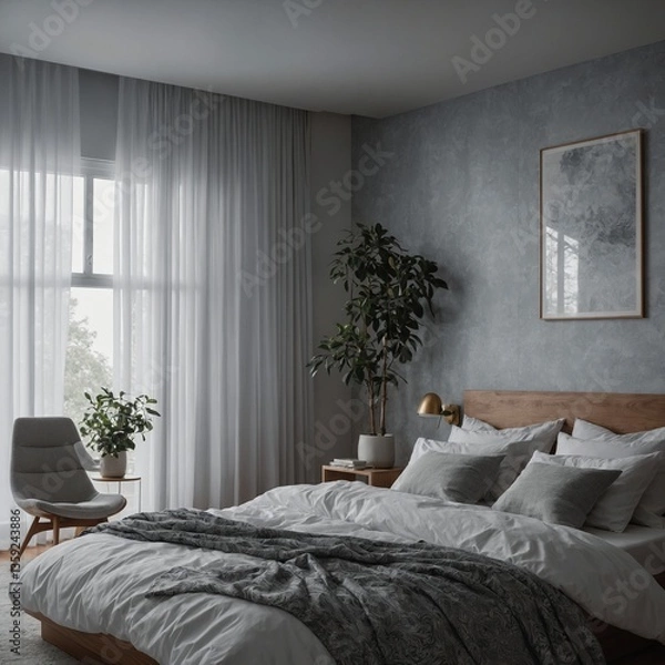 Fototapeta A modern air conditioner with variable cooling speeds, maintaining a crisp environment in a luxury bedroom.


