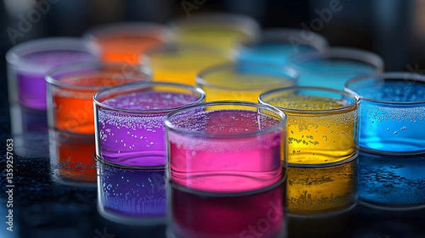 Fototapeta A Rainbow of Experiments: An assortment of vibrantly colored liquids bubbles within transparent beakers, meticulously arranged in a scientific setup.