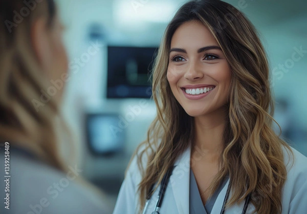 Fototapeta Female Doctor Smiling and Engaging with Patient in a Hospital Setting