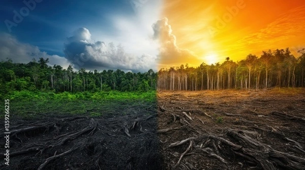 Fototapeta A forest scene depicts deforestation and contrasting environments perfectly