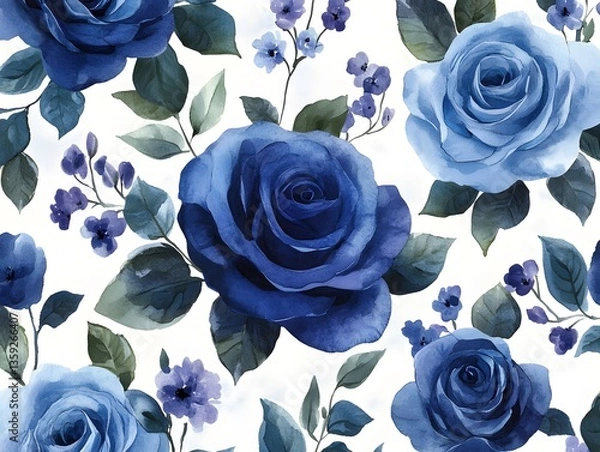 Obraz seamless floral pattern featuring deep blue and indigo roses with small violet flowers and green leaves on a white background. The design is intricate, with a watercolor effect