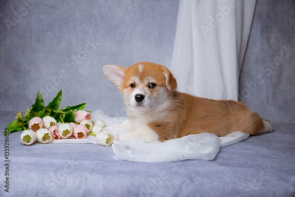 Fototapeta cute Welsh corgi puppy with a bouquet of spring flowers on a gray background