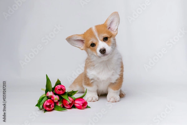 Fototapeta Cute Welsh corgi puppy with spring flowers on a white background
