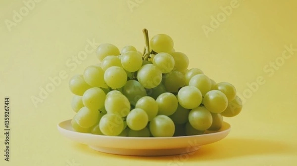 Obraz A high-key image of green grapes on a minimalist plate, placed on a gradient yellow background.