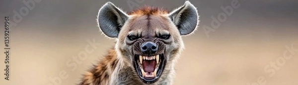Fototapeta A close up portrait of a snarling hyena facing forward