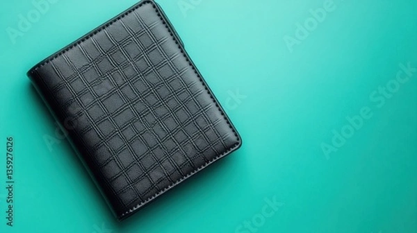 Fototapeta A stylish checkered pattern wallet in deep navy, displayed on a pastel mint green backdrop.
