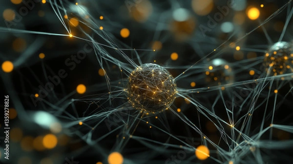 Fototapeta Artificial intelligence and wireless technology. Global digital network. Internet data security. 3d illustration of polygonal objects with elements of HUD