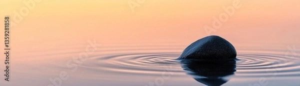 Fototapeta A single dark smooth rock submerged in water causes ripples