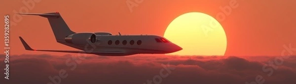 Fototapeta A Private Jet Flying Above Clouds In A Fiery Sky