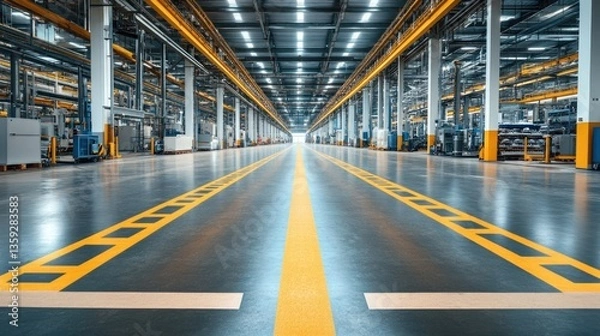 Fototapeta Industrial Symmetry: A wide perspective of a large industrial space, showcasing the interior structure, with geometric lines and the use of color and depth.