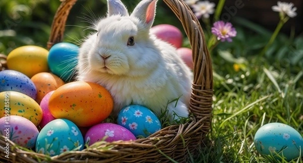 Fototapeta Lapin blanc dans panier garni d'oeufs de Pâques