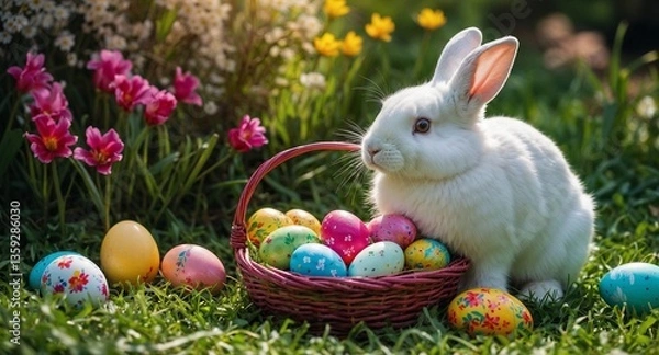 Fototapeta Lapin blanc avec panier garni d'oeufs de Pâques et avec fleurs violettes