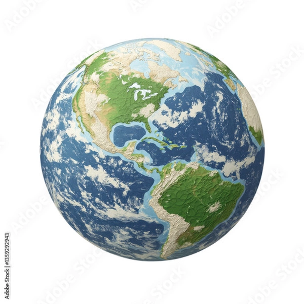 Obraz Earth globe with North and South America continents, oceans, and clouds on a transparent background. Concept of geography, science, and environment.