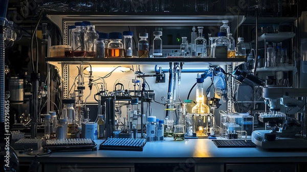 Fototapeta Medical research. Microbiology. Study of the chemical structure of cells. 3D illustration of laboratory tubes and flasks
