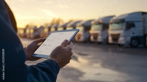 Fototapeta Managing fleet logistics transportation hub digital technology outdoor close-up view efficiency in operations
