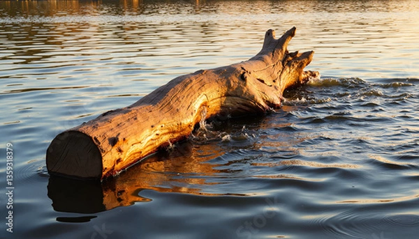 Fototapeta Rustic log floating on serene river water at sunset  