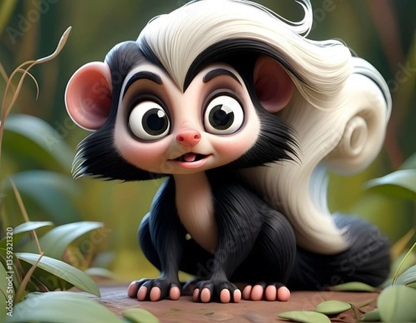 Fototapeta A cute skunk character standing in a lush, forest-like setting with green foliage.