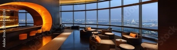 Fototapeta An upscale modern bar with beautiful city views for guests