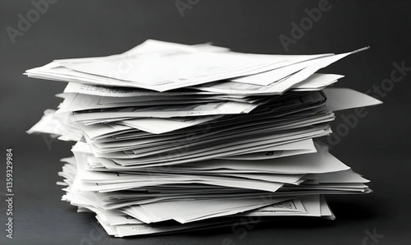 Obraz Pile of Unorganized Paperwork and Documents on Dark Background