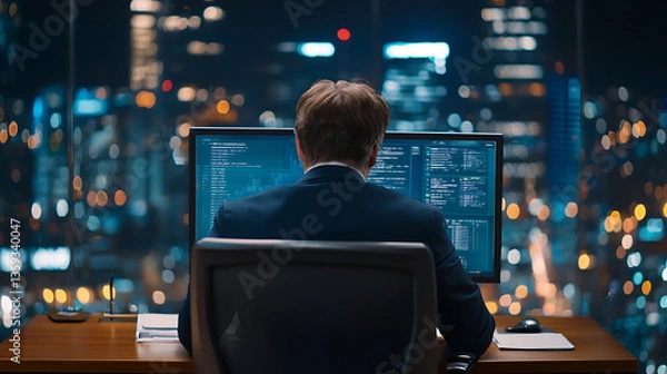 Fototapeta Data analyst at high-rise office urban nightscape digital monitoring professional environment insightful perspective