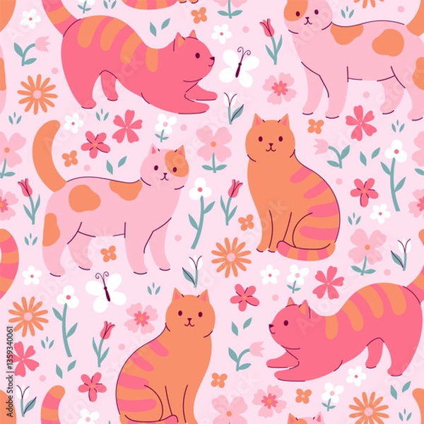 Fototapeta Seamless pattern with cute cats and flowers. Vector graphics.