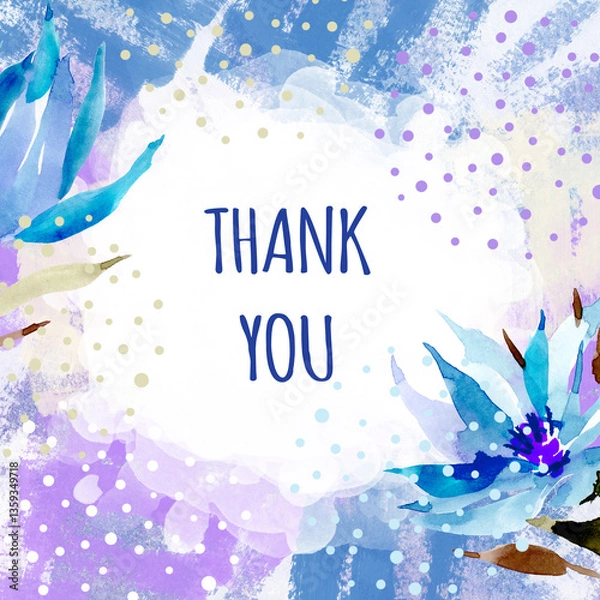 Obraz Watercolor spring delicate background, with blue flowers, buds and the text Thank you. Elegant botanical background, texture with leaves