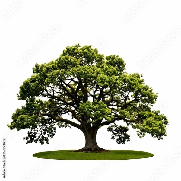 Fototapeta A large, lush green tree stands prominently in an open, grassy area under a clear, bright sky.