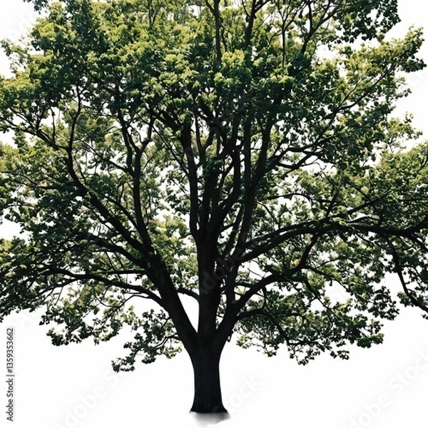 Fototapeta A large, sturdy tree stands prominently in the foreground of this image, casting a shadow on the white backdrop.