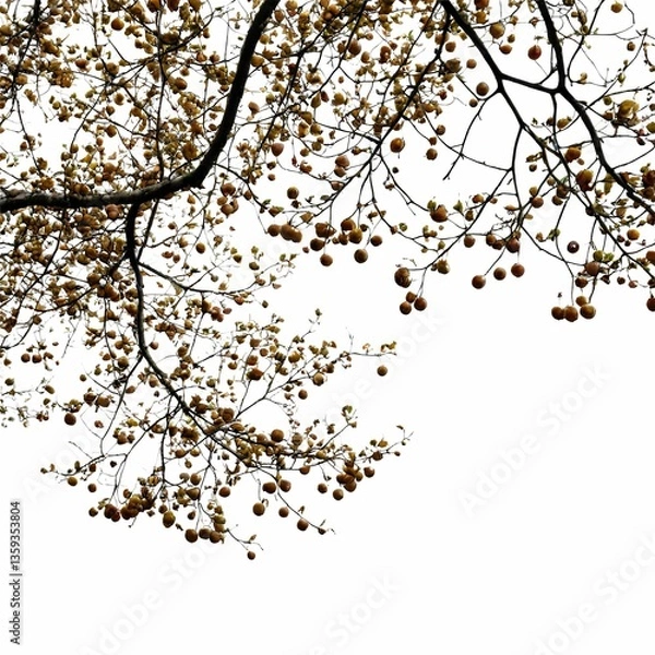 Fototapeta A tree with autumn leaves hangs over a white background, casting shadows and creating a serene, natural setting.