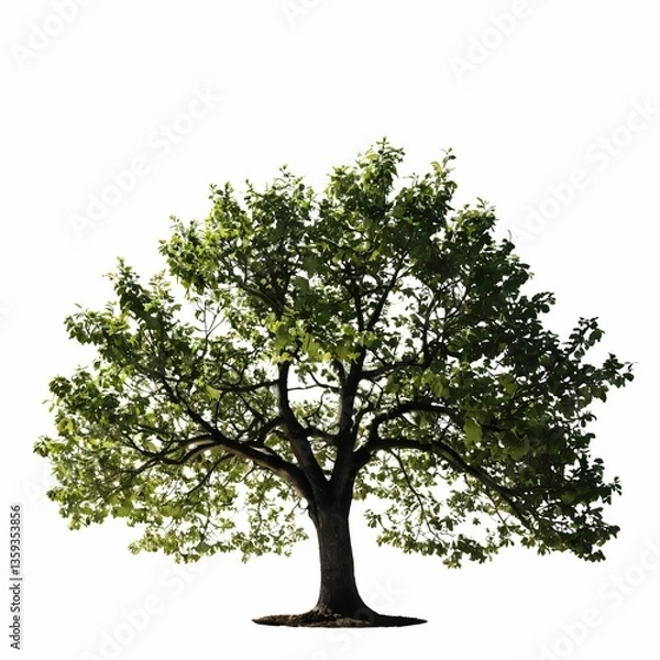 Fototapeta A large, leafy tree stands prominently against a stark white background in an outdoor setting.