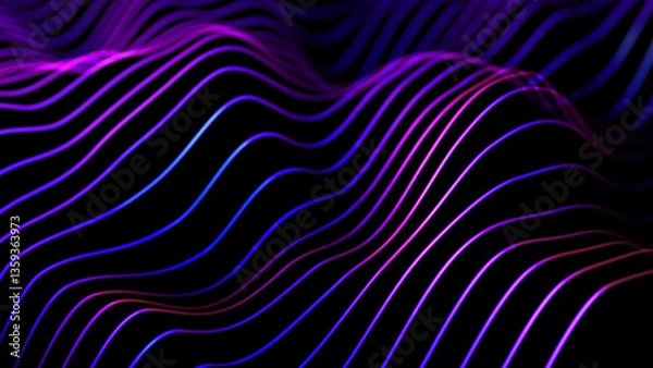 Obraz 3D ultraviolet sound waves flowing in virtual space. Digital technology concept: artificial intelligence (AI) or big data analysis visualization. Sound waves equalizer, looped video, black background