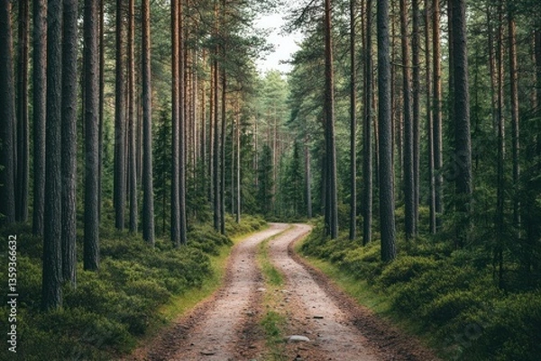 Fototapeta Photo of a forest path through tall pine trees in Sweden