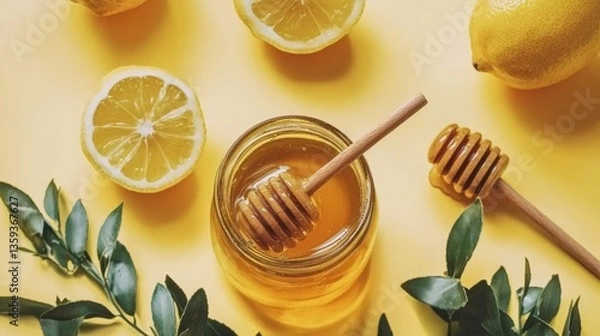 Fototapeta Mixing fresh lemon and honey for wellness kitchen recipe bright setting top-down view health benefits