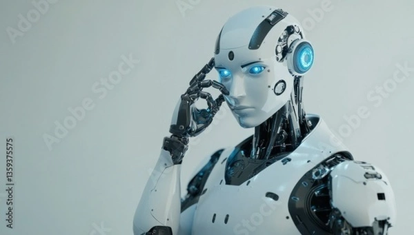 Fototapeta Photo of an AI robot with blue eyes and a silver body